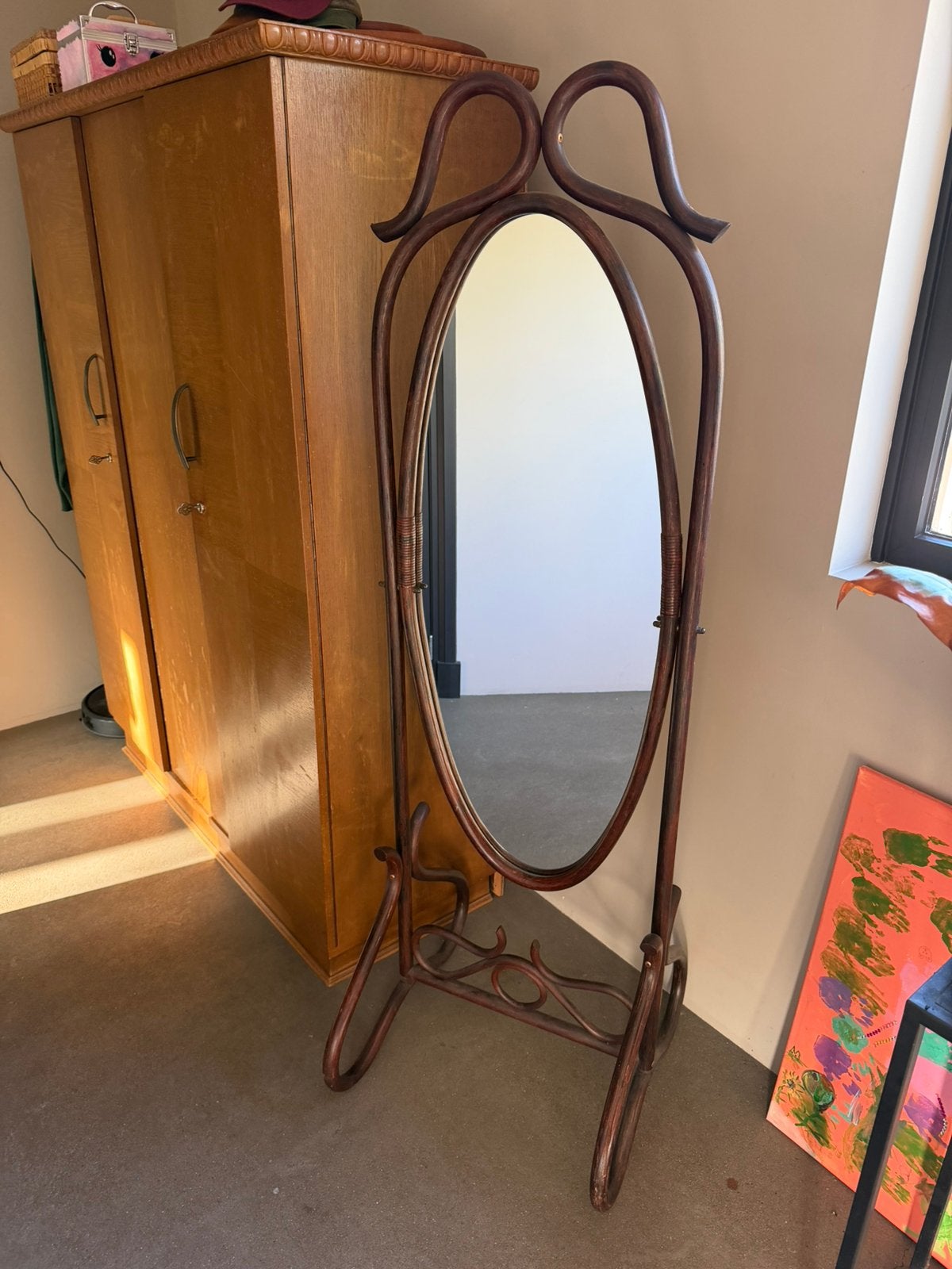 Vintage staande rotan spiegel 170cm hoog, Ophalen, Rechthoekig, Minder dan 50 cm, 150 tot 200 cm