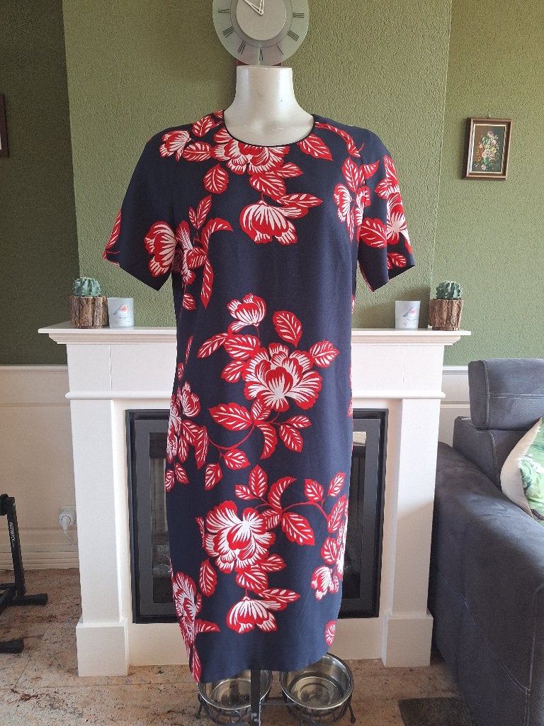 Terre bleu jurk blauw met rode bloemen 42, Maat 42/44 (L), Terre Bleu, Knielengte, Gedragen