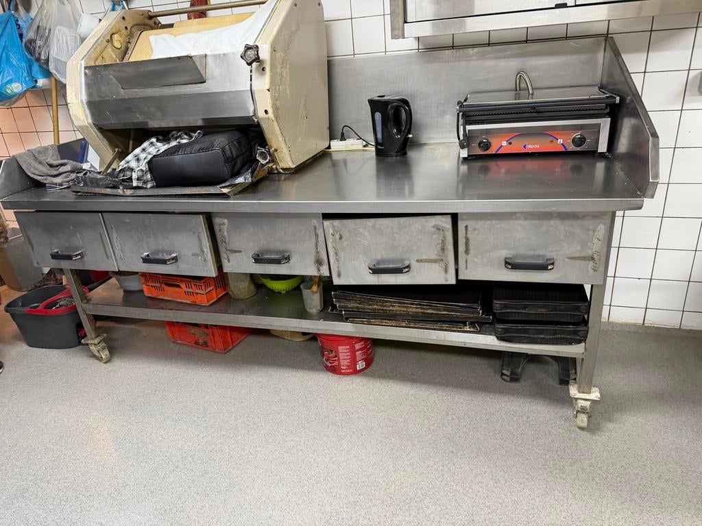 RVS Werktafel 245x90 cm met lades en opstaande rand, Ophalen of Verzenden, Gebruikt, RVS Meubilair