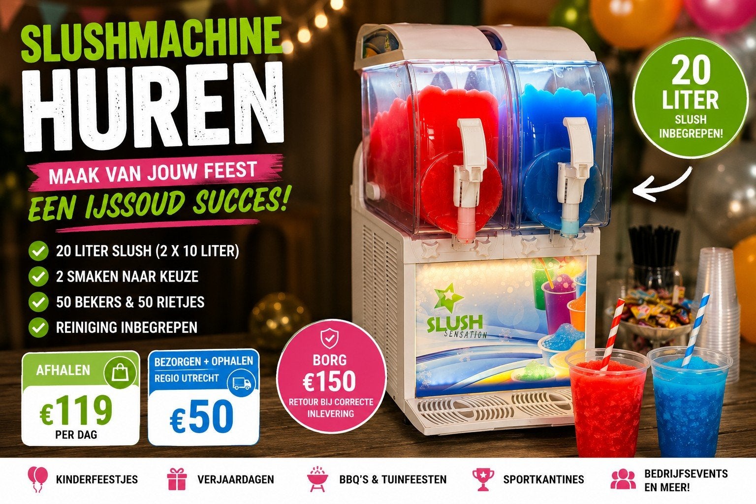 SLUSHMACHINE HUREN  | 20 LITER SLUSH INBEGREPEN |FEESTJE, Ophalen of Verzenden, Verjaardag