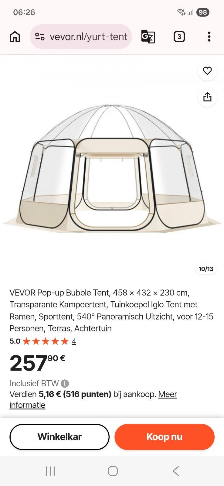 VEVOR Pop-up Bubble Tent - Tuinkoepel Iglo Tent, Ophalen, Nieuw