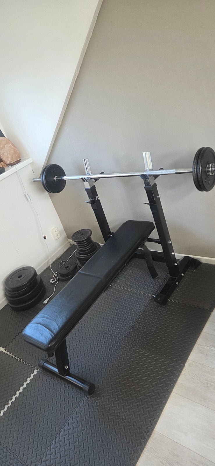 Fitnessbank met halterstang, schijven en dumbbells, Ophalen, Gebruikt, Benen, Fitnessbank