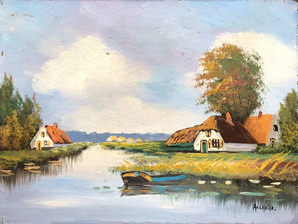 2x Schilderij 'Boerderij bij vaart...' en 'Vaart met vis...', Ophalen of Verzenden