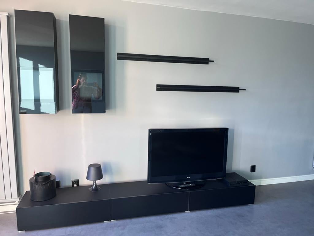 Modern zwart TV meubel set met wandkasten en planken, Ophalen, 100 tot 150 cm, 200 cm of meer, 25 tot 50 cm