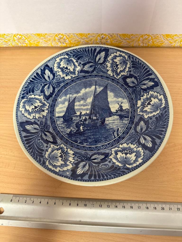 Antiek Delfts Blauw Boch Wandbord met Zeilschepen, Ophalen of Verzenden