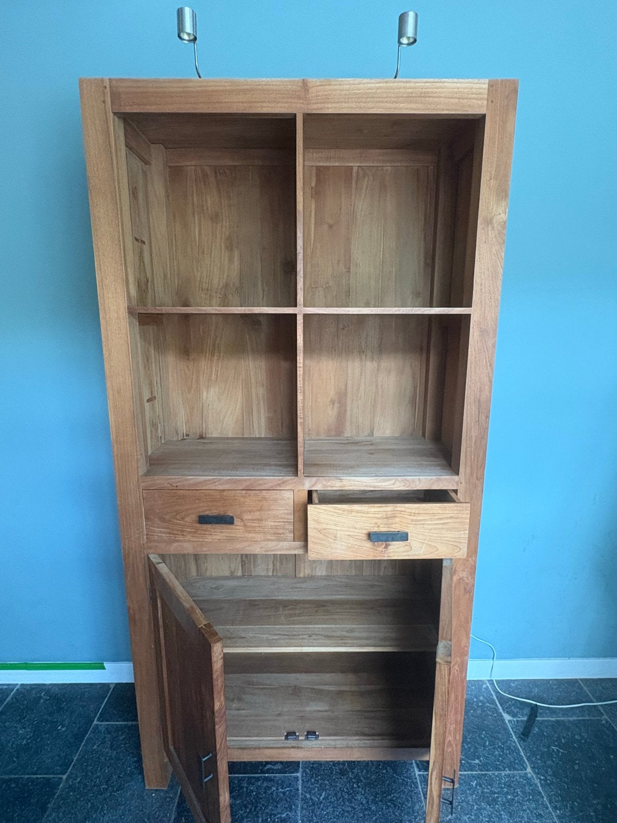 Massief teakhouten kast met lades en deuren, Ophalen, Gebruikt, 200 cm of meer, 25 tot 50 cm