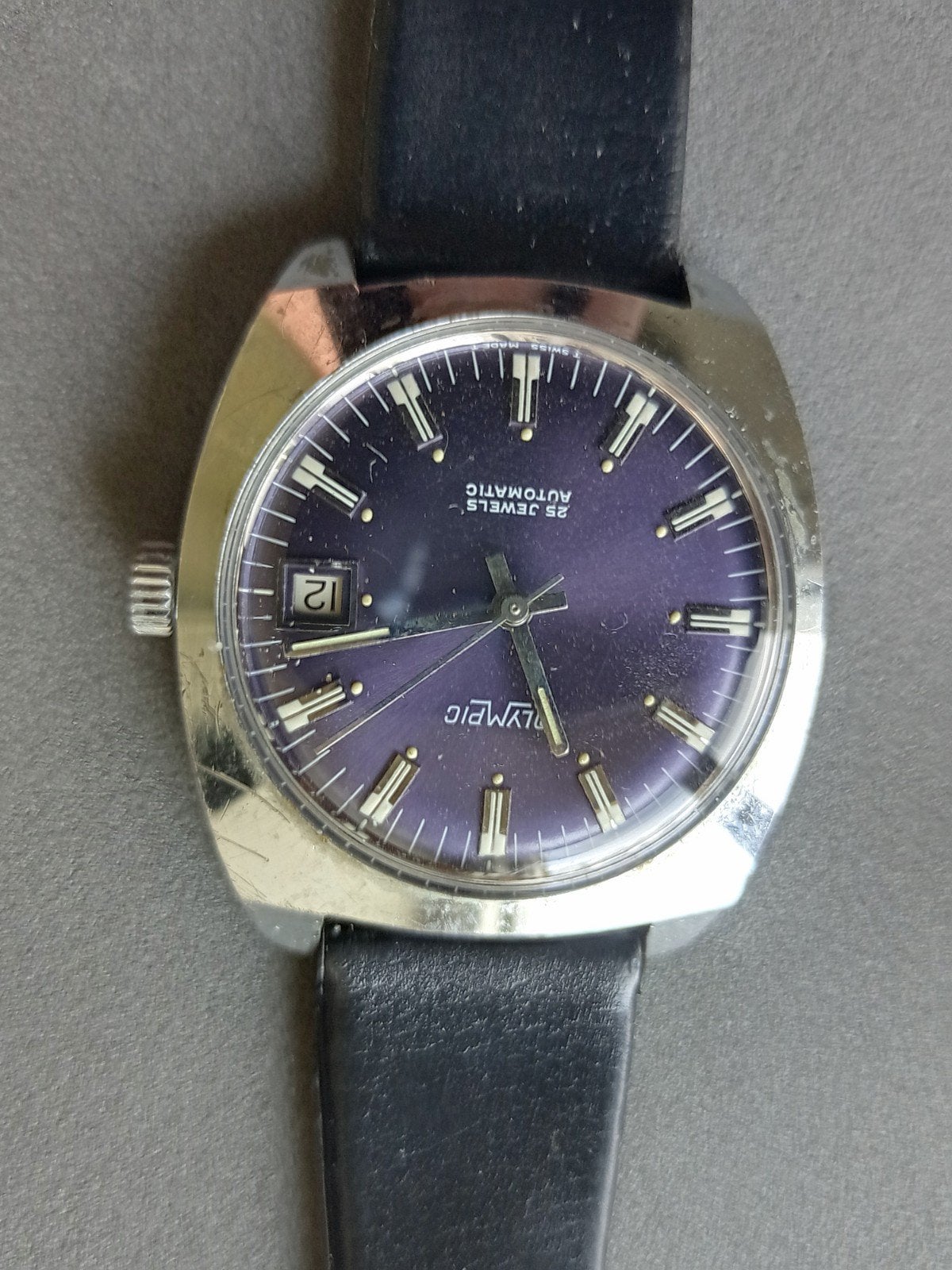 Vintage Olympic herenhorloge, automaat, paarse wijzerplaat, Overige merken, Gebruikt, Staal, Polshorloge