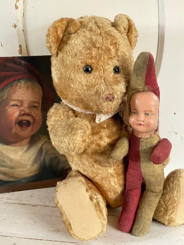 Brocante oud popje punt mutsje stro gevuld, Ophalen of Verzenden