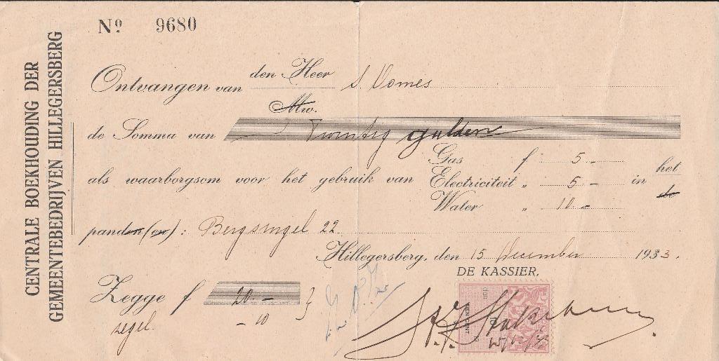 HILLEGERSBERG 1933 Kwitantie Centr. Boekhouding Gemeentenedr, Ophalen of Verzenden, 1920 tot 1940, Gelopen, Zuid-Holland
