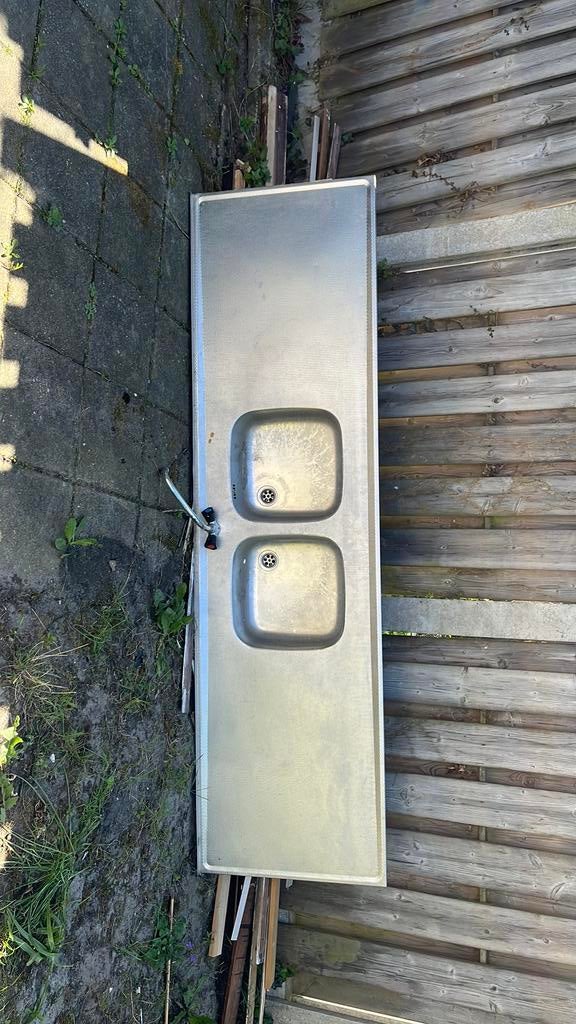 RVS aanrecht met 2 spoelbakken, Huis en Inrichting, Keuken | Keukenelementen, Ophalen, Zo goed als nieuw, 200 cm of meer, Minder dan 100 cm