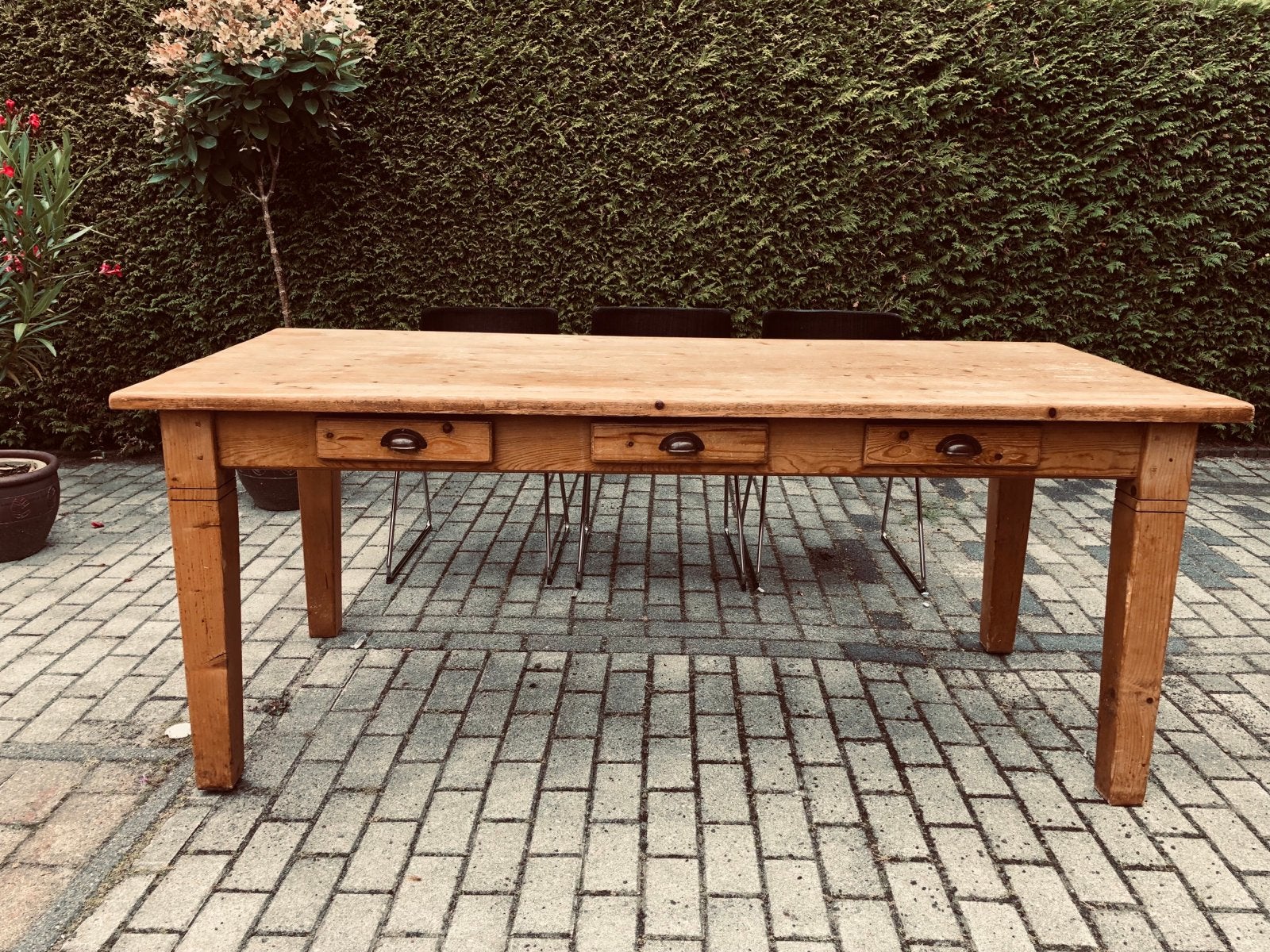 Grenenhouten tafel 200x88x80 cm met 3 laden, Huis en Inrichting, Tafels | Eettafels, Ophalen, Gebruikt, 50 tot 100 cm, Vijf personen of meer