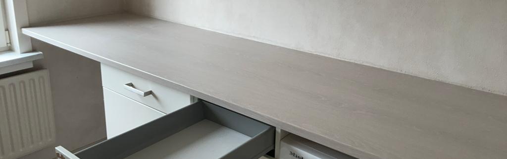 Gefineerd grijs keukenblad, Huis en Inrichting, Keuken | Keukenelementen, Ophalen, Zo goed als nieuw, 200 cm of meer, Minder dan 100 cm