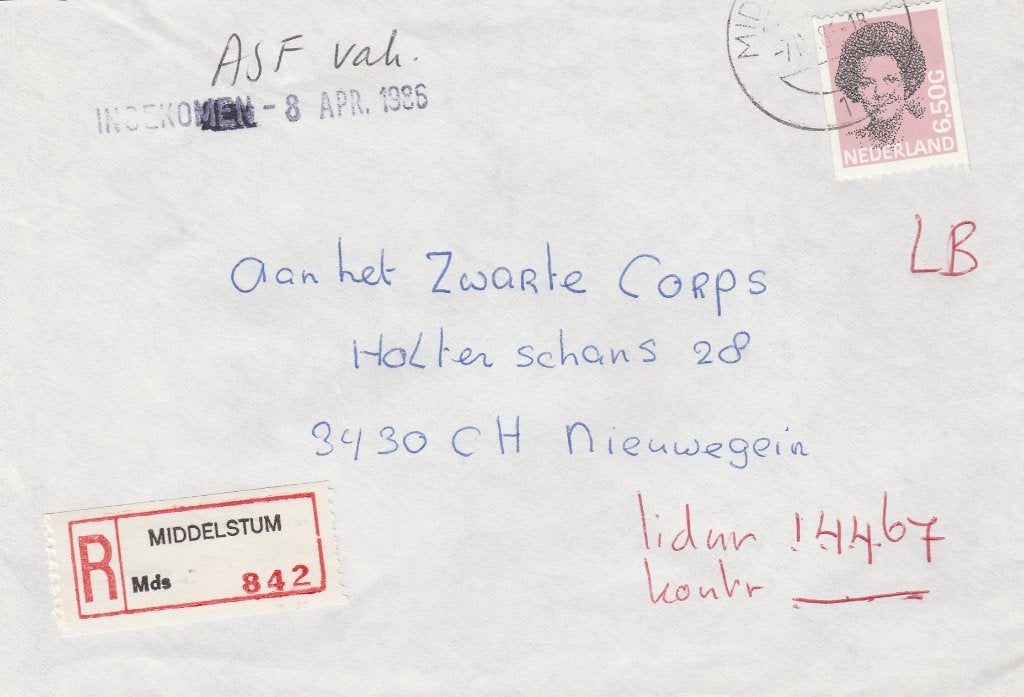 MIDDELSTUM 1986 aangetekend afz Slagter Oude Schoolsterwg 19, Verzamelen, Ophalen of Verzenden, 1980 tot heden, Gelopen, Groningen