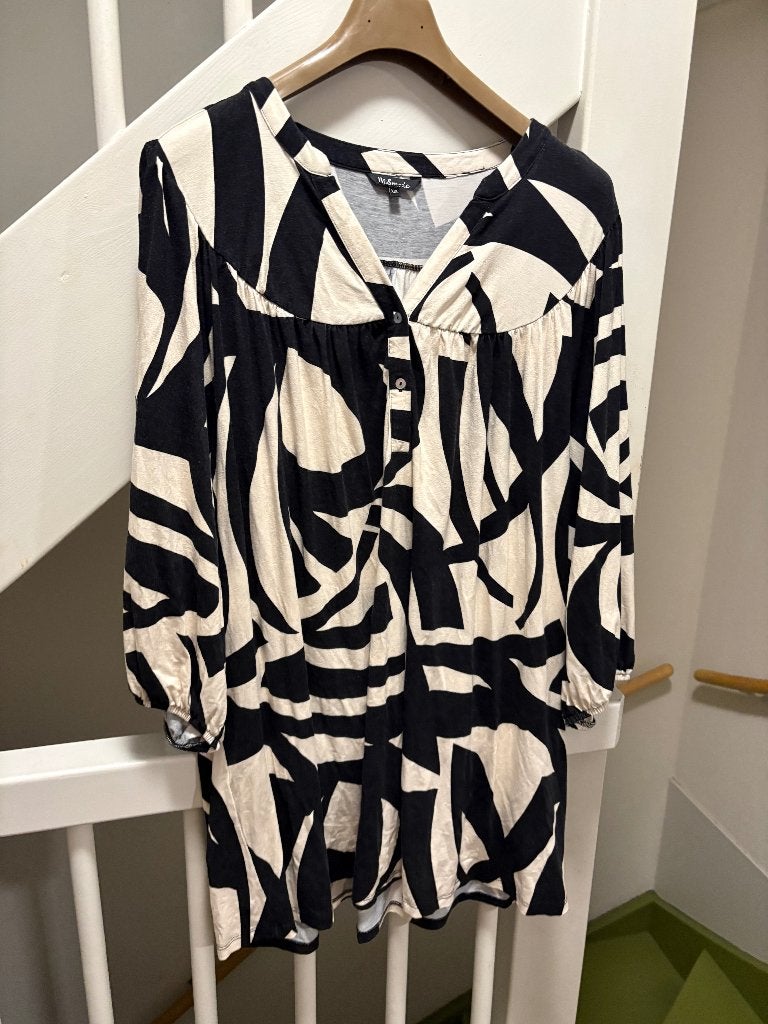 M & S ZWART WIT PRINTED JURK, MAAT; XXL, M & S, Zwart, Maat 46/48 (XL) of groter, Ophalen of Verzenden