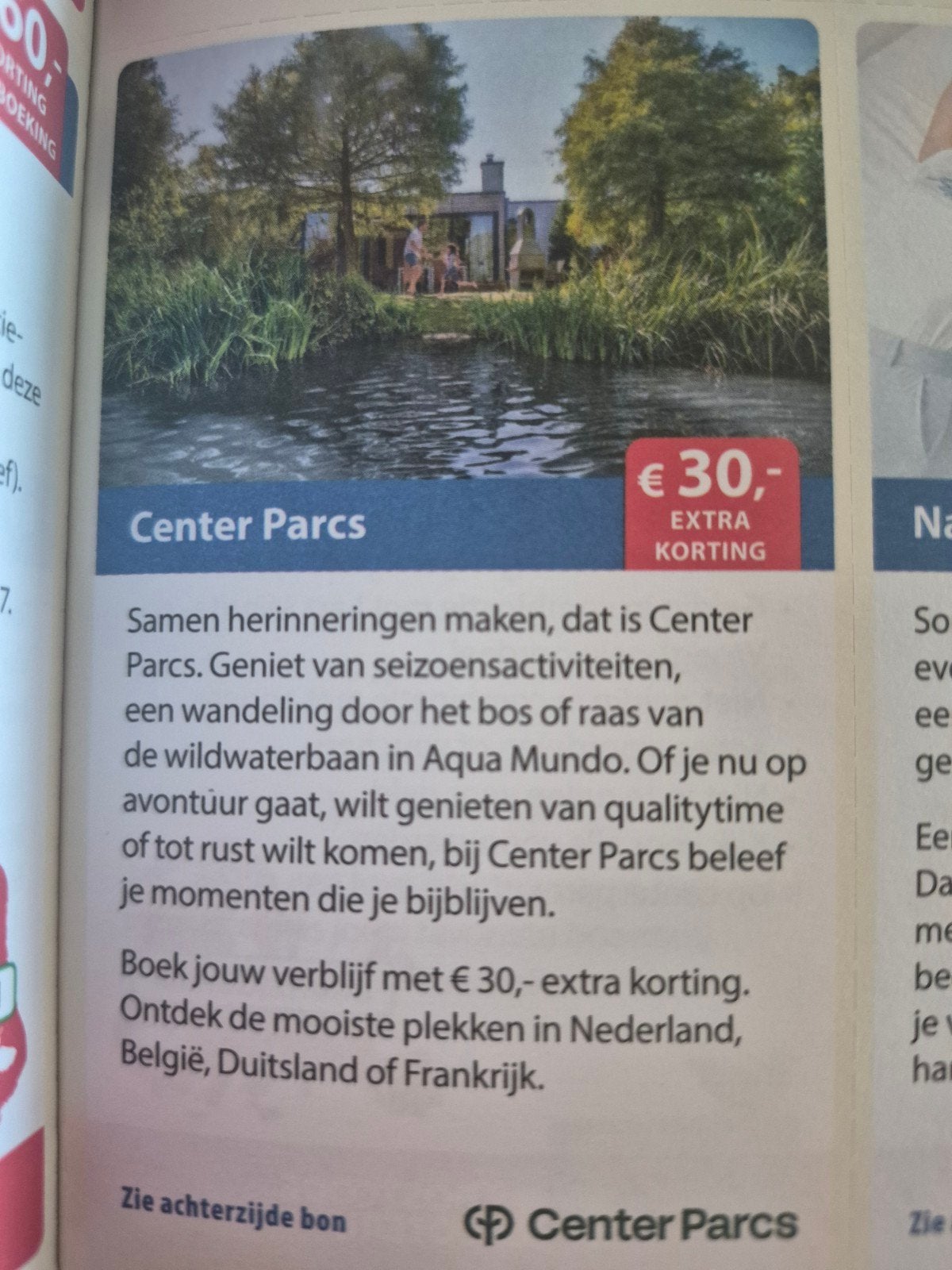 Center parcs 30 euro korting, Tickets en Kaartjes, Hotelbonnen, Drie personen of meer, 3 overnachtingen of meer