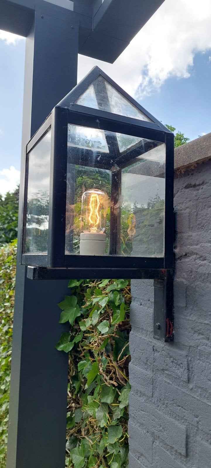 Buitenlamp zwart metaal met glazen kap - Vintage stijl, Ophalen of Verzenden, Gebruikt, Vintage, Klassiek, Industrieel