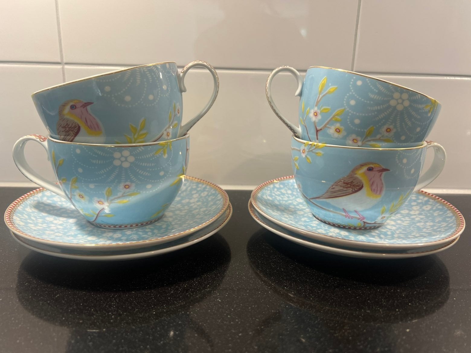 4 Pip Studio Blue Bird cappuccino kopjes en schotels, Ophalen, Pip Studio, Zo goed als nieuw, Overige stijlen