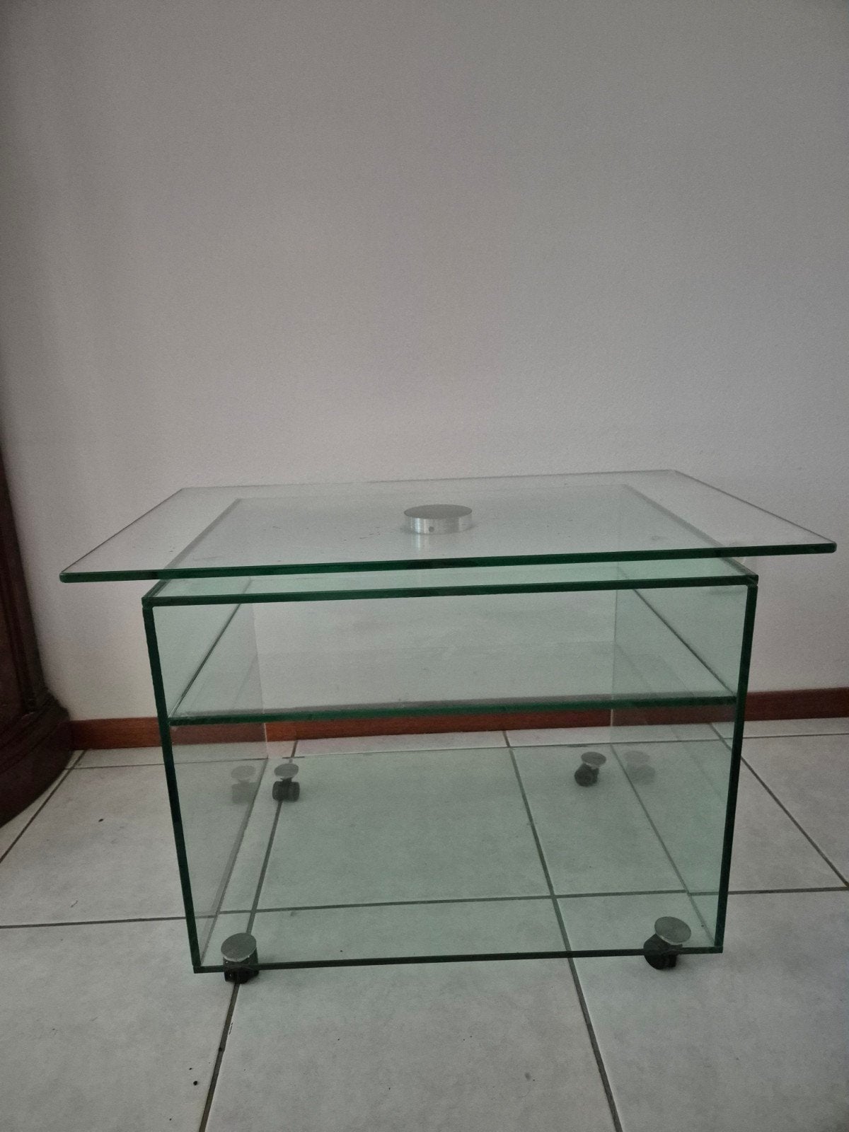 Glazen TV meubel /tafel met wieltjes en extra draaiplank pla, Huis en Inrichting, Ophalen, Gebruikt, 50 tot 100 cm, Glas