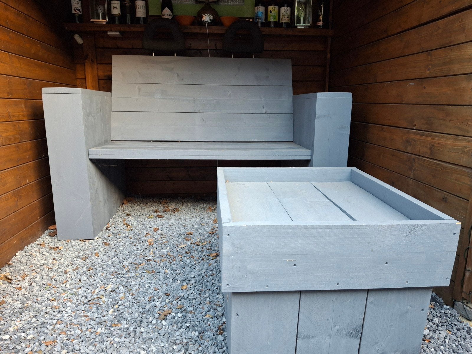 Steigerhouten tuinbank met hocker - Grijs, Tuin en Terras, Tuinbanken, Ophalen, Gebruikt, Hout