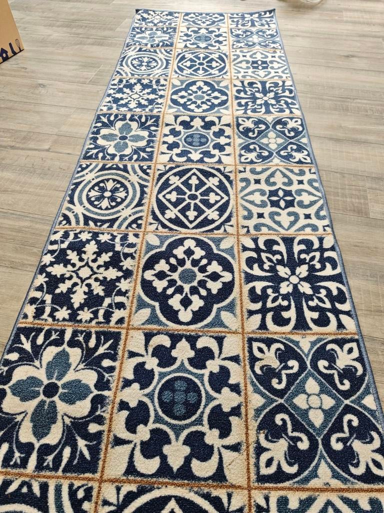 Lang vloerkleed / loper 250x80 cm blauw-wit patroon, Ophalen, Gebruikt, Blauw, 200 cm of meer