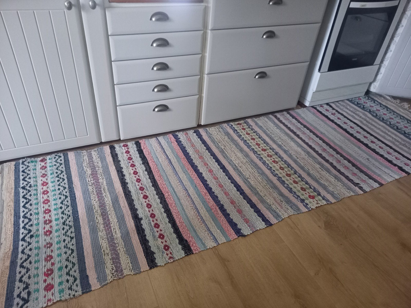Vintage Zweedse loper met kunstige patronen, zachte kleuren, Gebruikt, Vintage, Scandinavisch, Grijs, 200 cm of meer