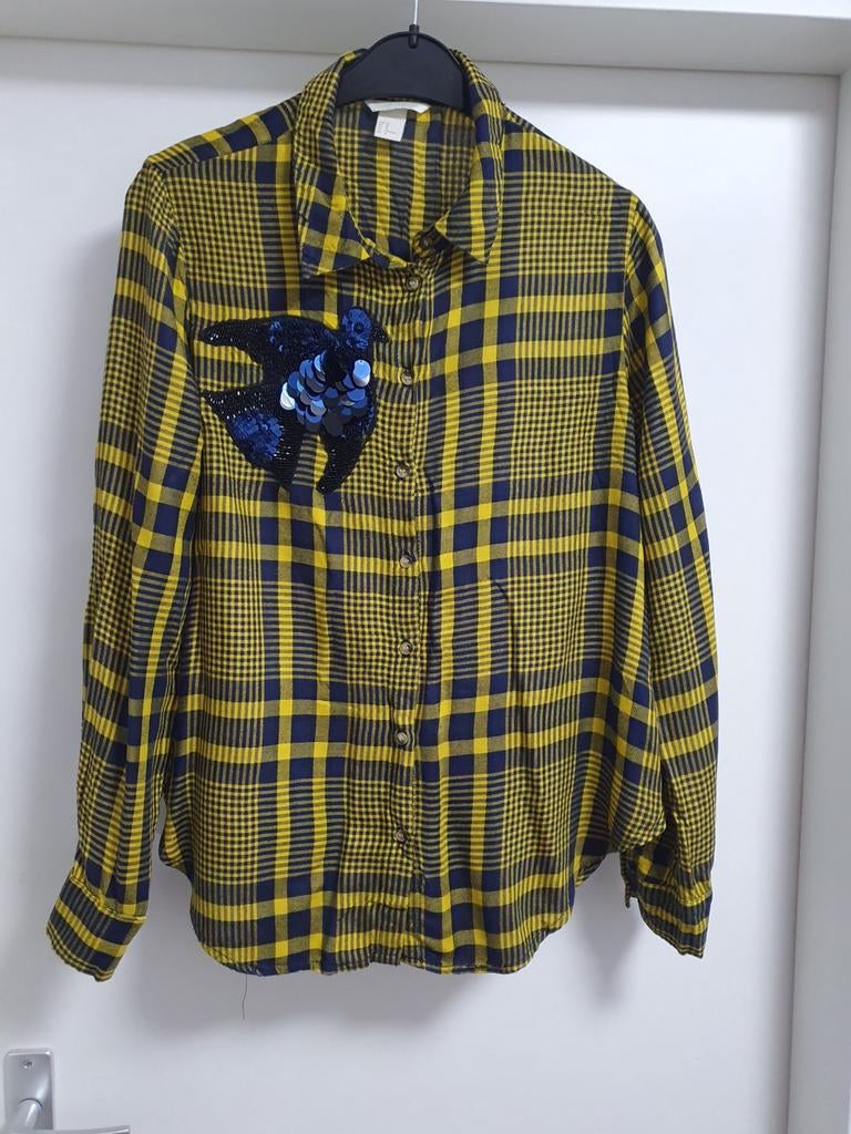 H&M Geruite Blouse met Pailletten Vogel - Maat 42, H&M, Geel, Maat 42/44 (L), Ophalen of Verzenden