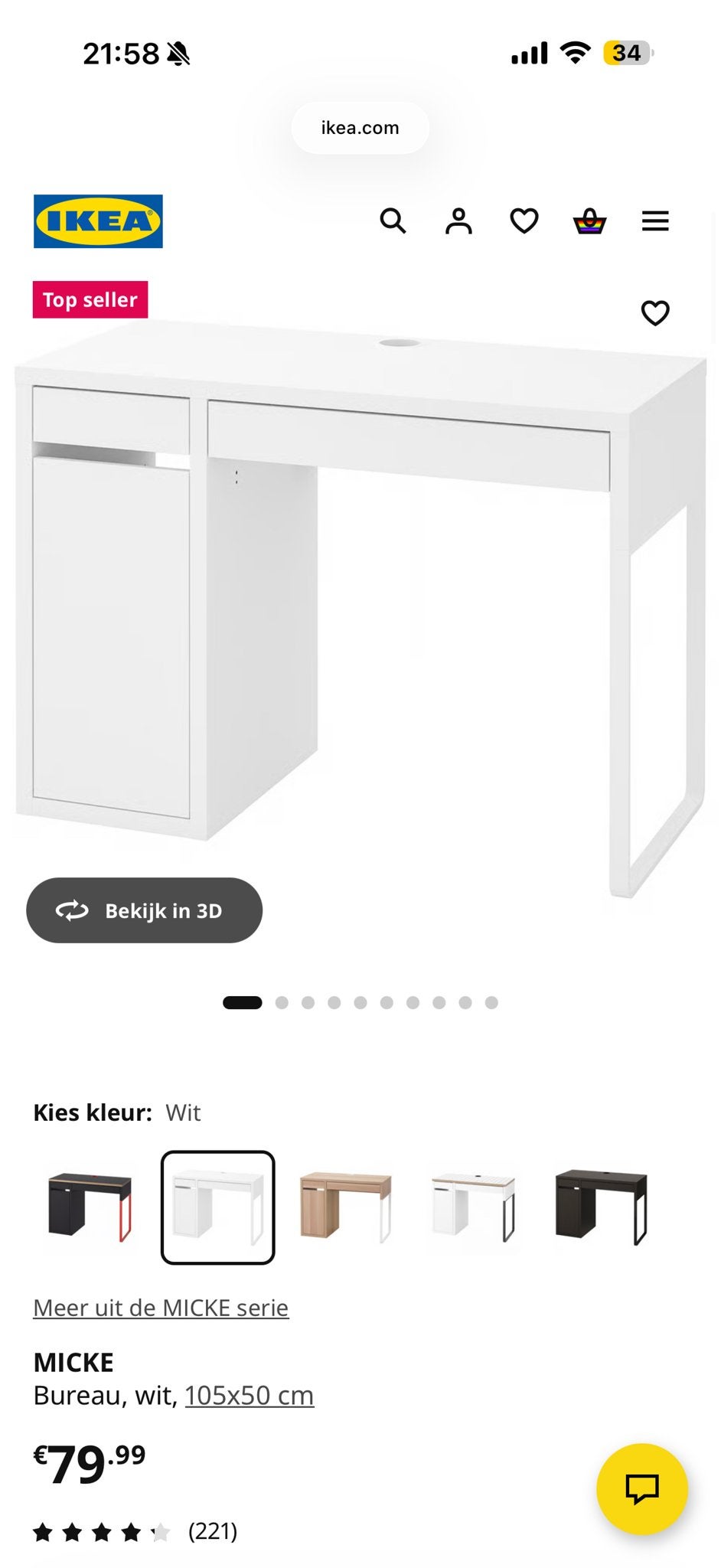 IKEA MICKE Bureau, wit, 105x50 cm, Ophalen, Gebruikt, Met lades, Spaanplaat of MDF