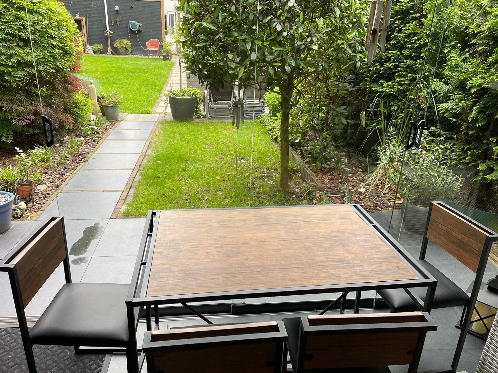 Moderne tuinset met 4 stoelen en tafel, Tuin en Terras, 4 zitplaatsen, Kunststof, Gebruikt, Eettafel