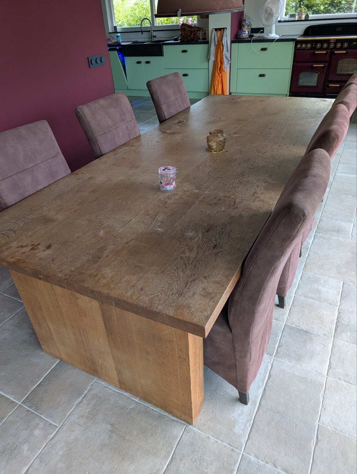 Eiken houten eettafel., Ophalen, 100 tot 150 cm, Eikenhout, 200 cm of meer