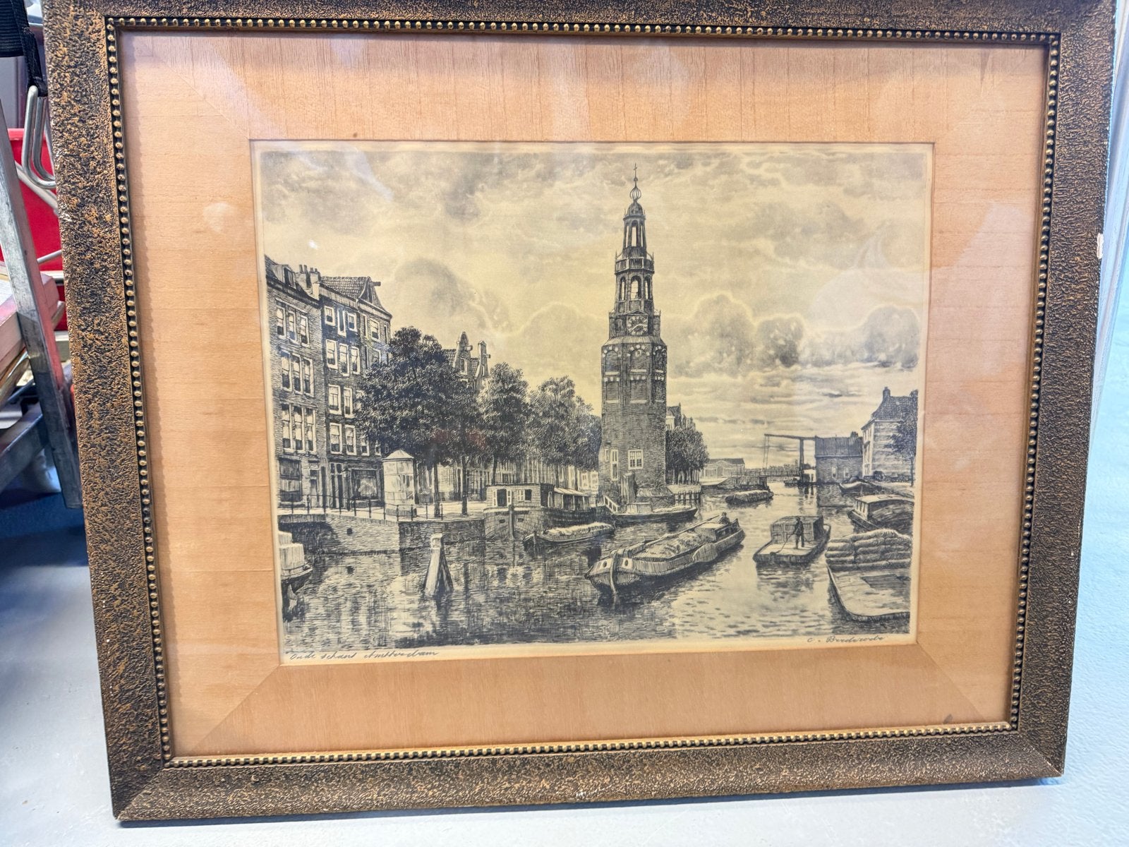 Oude stadsgezicht Amsterdam - Ets/Prent, Ophalen of Verzenden, Ets, Prent, Ingelijst