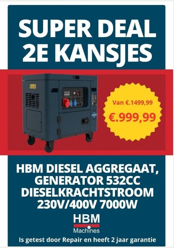 HBM diesel aggregaat, generator 532 cc 7000W, Ophalen, Nieuw