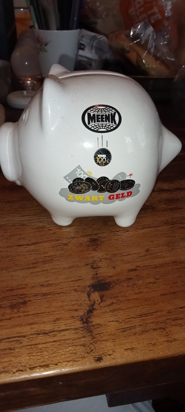 Wit spaarvarken met 'Zwart Geld' opdruk, Verzamelen, Spaarpotten, Ophalen of Verzenden, Nieuw, Steen, Aardewerk of Keramiek, Dier