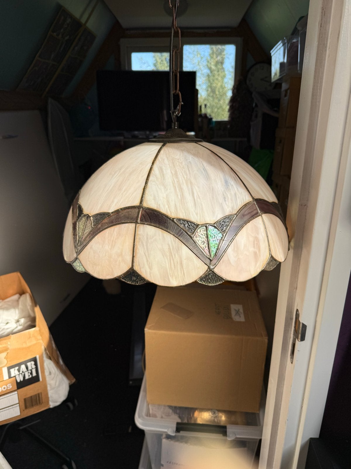 Tiffany Stijl Hanglamp - Vintage Glas-in-lood Design, Huis en Inrichting, Ophalen of Verzenden, Gebruikt, Glas, E27 (groot)