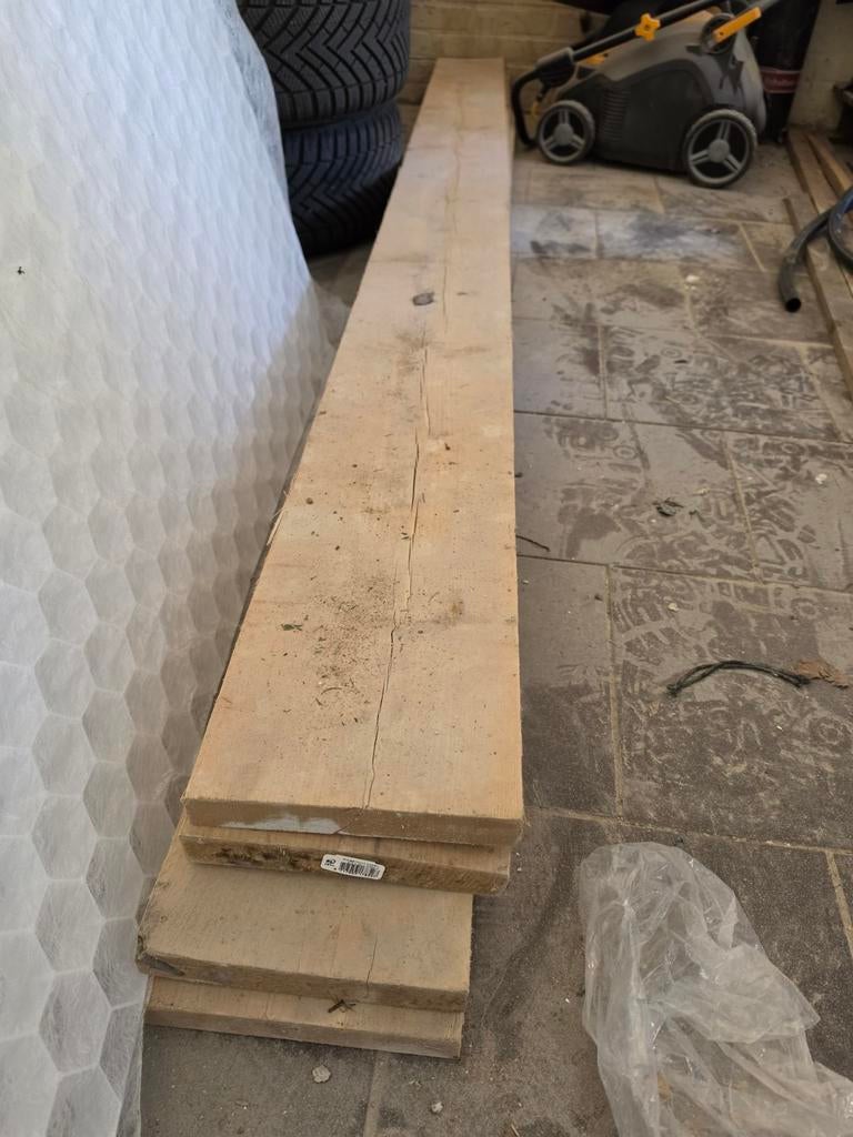 2 bokken + 4 houten steigerplanken, 250cmx20cmx3cm, Ophalen, Gebruikt, 25 tot 50 mm, Plank
