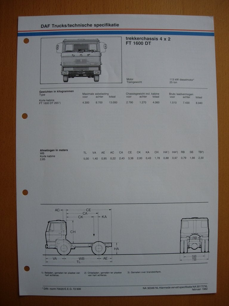 DAF FT 1600 DT Technische Specificatie Folder 1982 – 4x2, Ophalen of Verzenden, Zo goed als nieuw, Overige merken, DAF