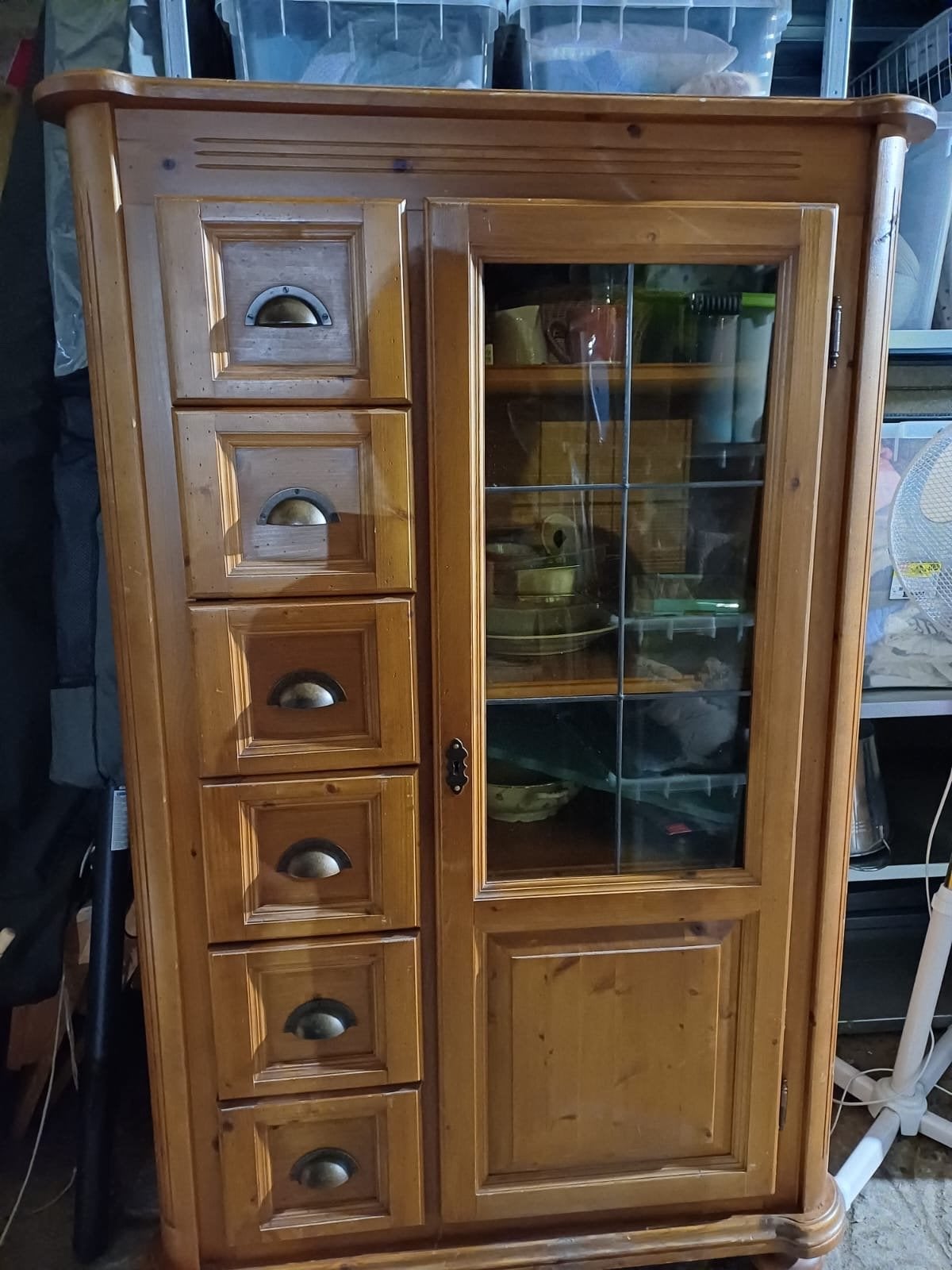 Houten kast met lades en vitrinedeur, Ophalen, Gebruikt, 50 tot 100 cm, Met lade(s)