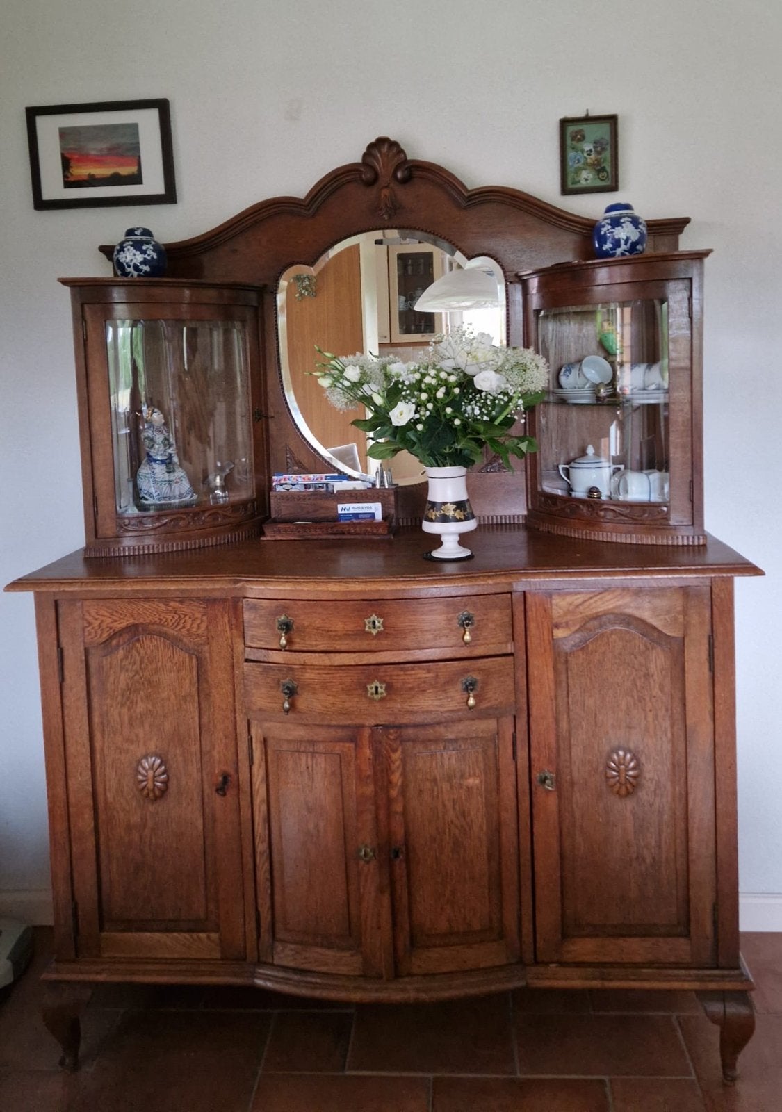 Eiken kast met spiegel en vitrines - Klijndijk, Ophalen of Verzenden
