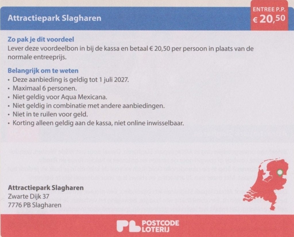 Attractiepark Slagharen. Entree € 20,50 p.p. Postcode bon., Tickets en Kaartjes, Recreatie | Pretparken en Attractieparken, Drie personen of meer