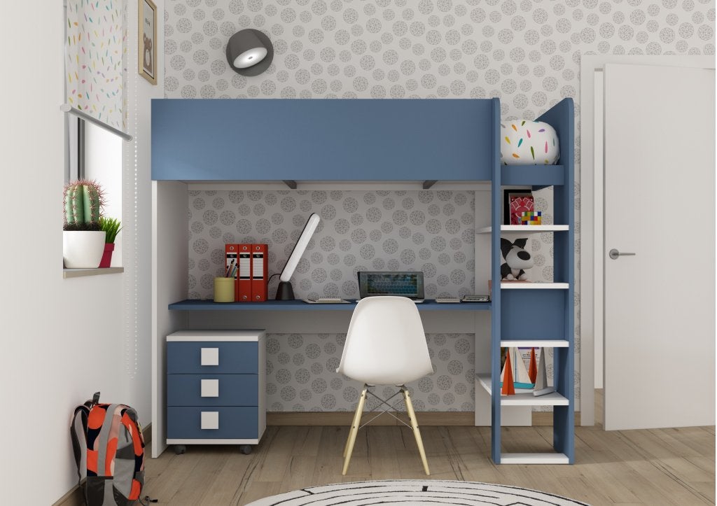 Jules hoogslaper basic met bureau - 90x200 - Blauw, Niet ingevuld, Niet ingevuld, Niet ingevuld