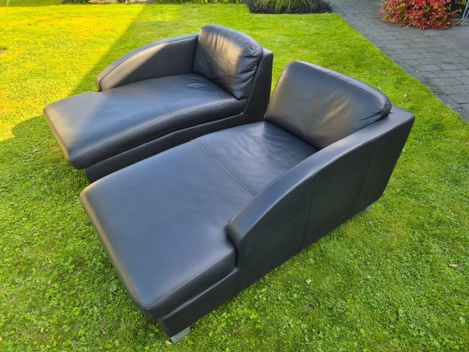 2x Zwarte Leren Chaise Longue, Ophalen, 125 tot 150 cm, Overige maten, Leer