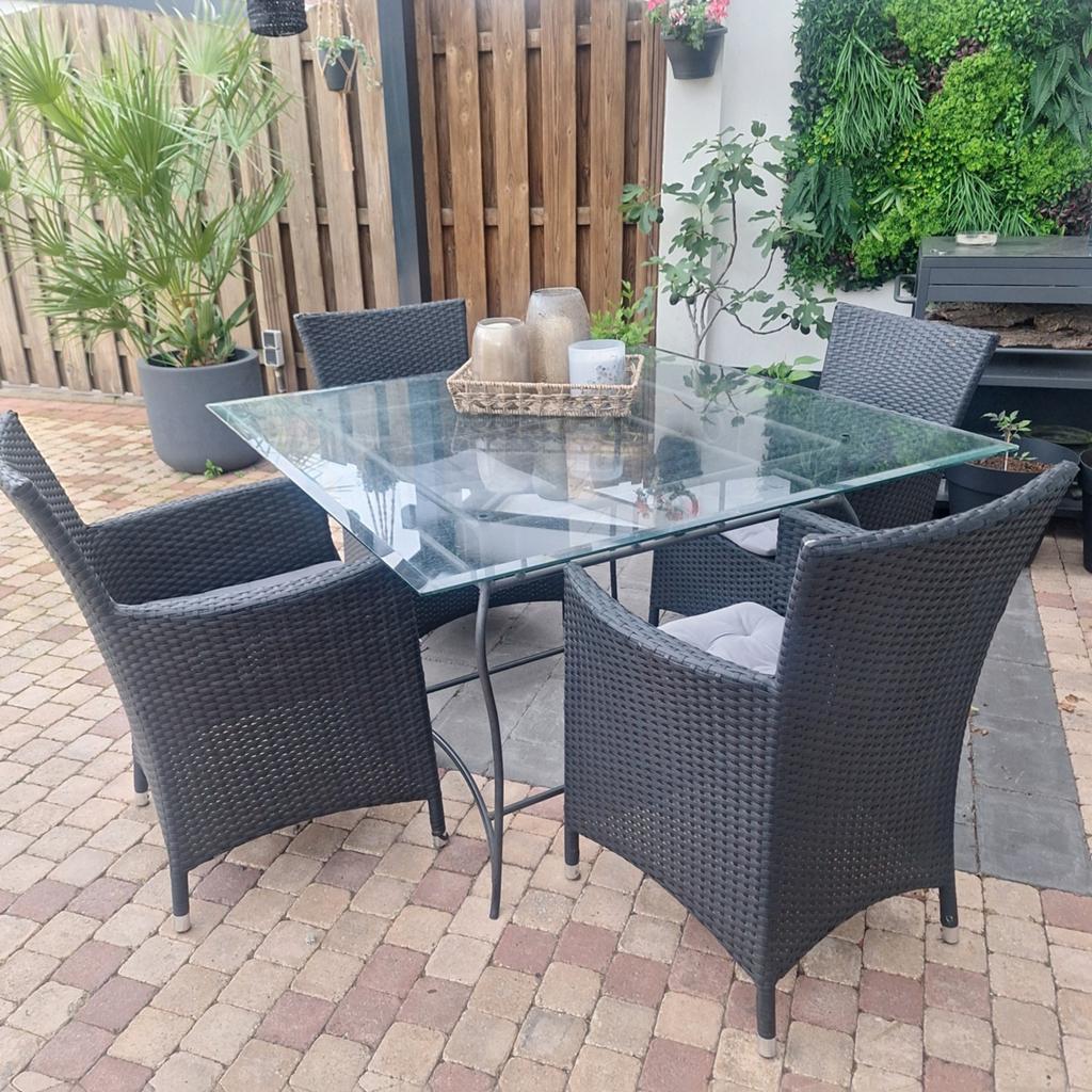 Tuintafel met 4 stoelen - IJzeren onderstel, glasplaat, Ophalen