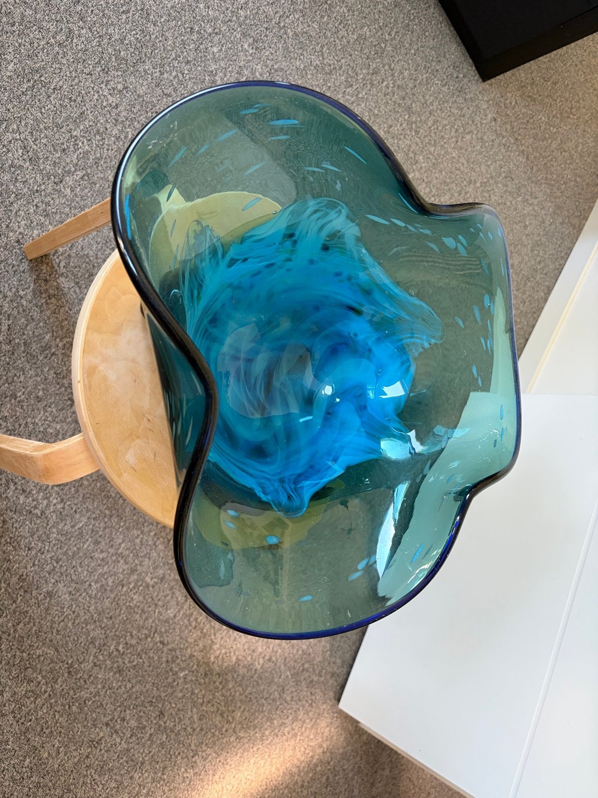 Unieke handgeblazen glazen schaal, blauw/groen, 25x40cm, Ophalen