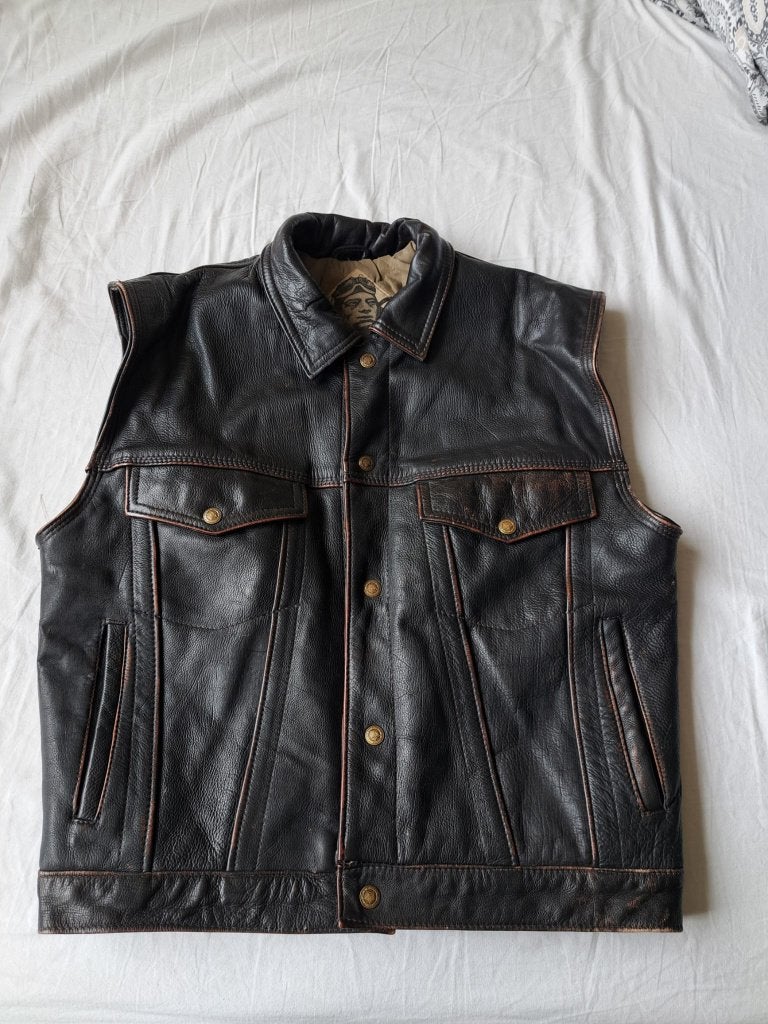 Vintage leren hesje / gilet / biker vest M, Kleding | Heren, Ophalen of Verzenden, Gedragen, Maat 48/50 (M), Bruin