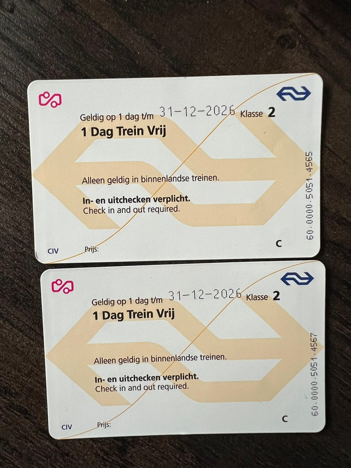 Twee Ns dag kaartjes, Tickets en Kaartjes, Twee personen, Trein, Algemeen kaartje