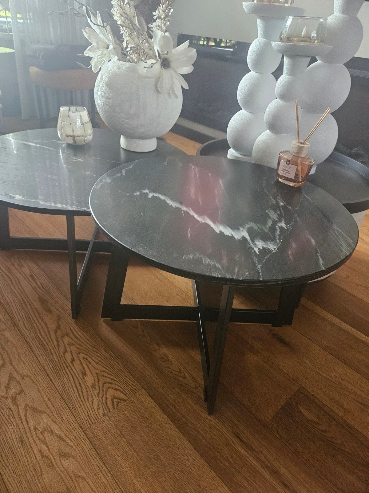 Set van 3 ronde bijzettafels met marmerlook echt marmer, Ophalen, Minder dan 45 cm, Minder dan 55 cm, Modern, Industrieel