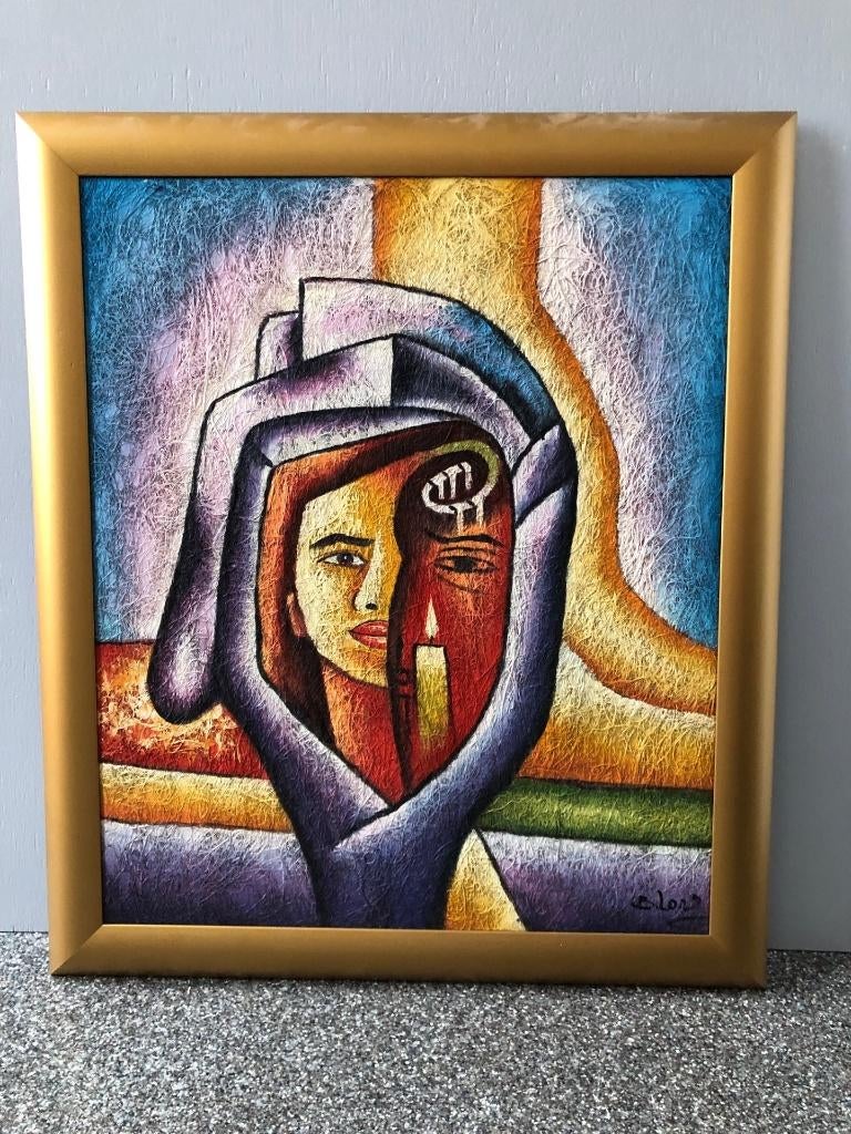 Kleurig schilderij B. Long op kokos 60x70cm met lijst goud, Antiek en Kunst, Kunst | Schilderijen | Abstract, Ophalen
