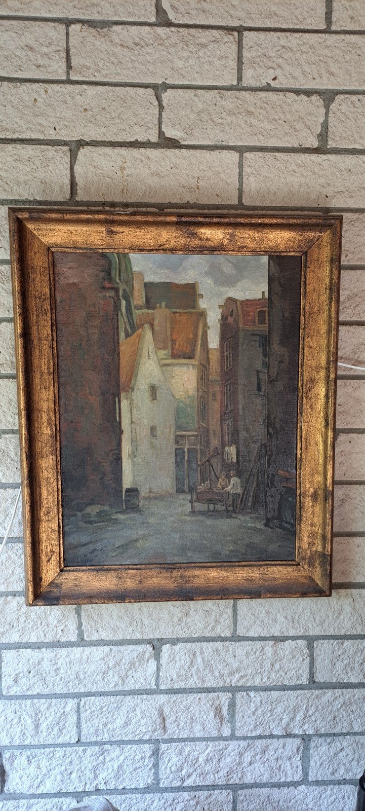 Olieverfschilderij: Stadsgezicht met figuren, Ophalen, Doek, Origineel werk, Olieverf