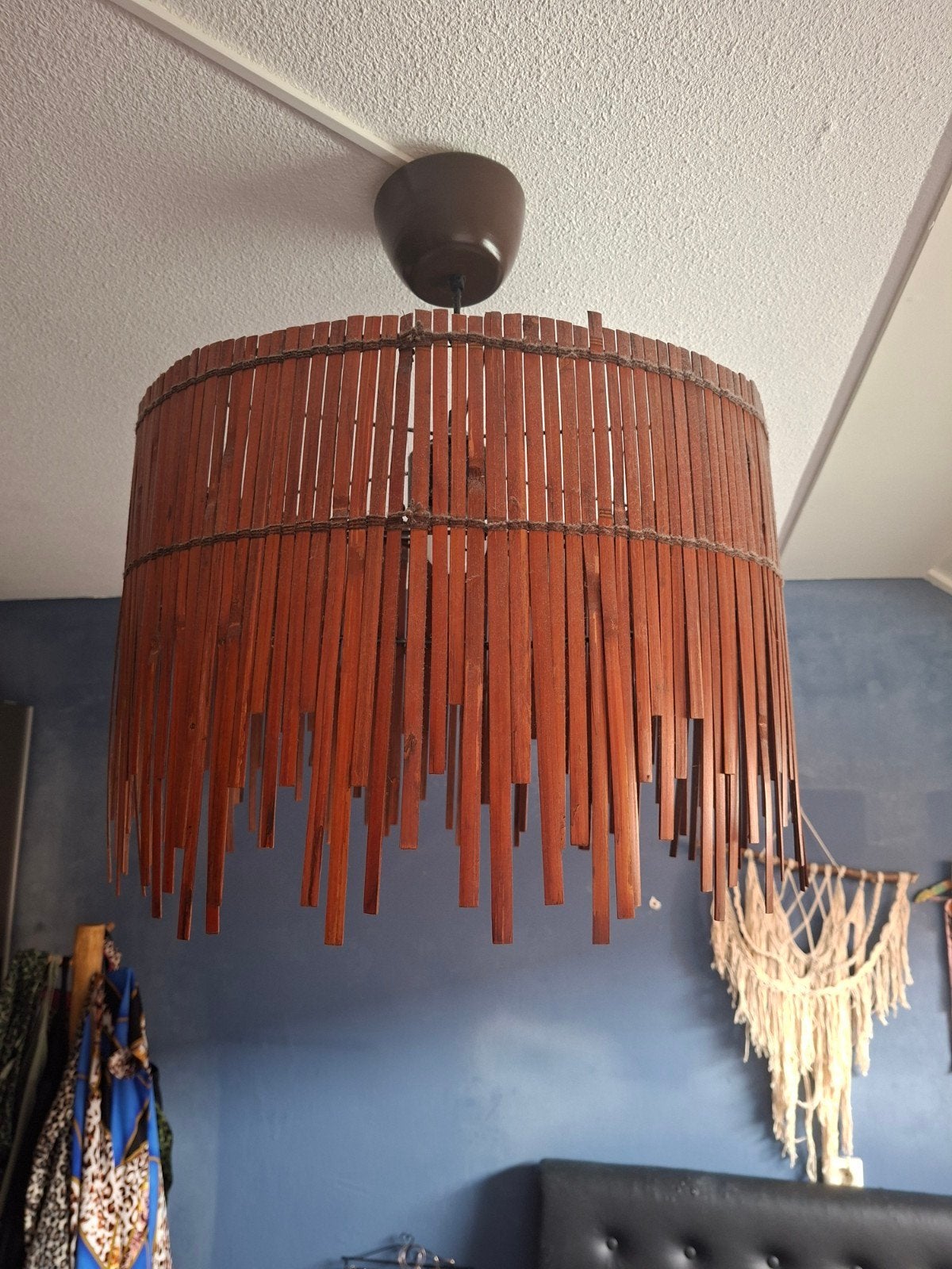 Donkerbruine bamboe hanglamp, Gebruikt, Natuurlijk materiaal, Bohemian, Natuurlijk, Sfeervol, E27 (groot)