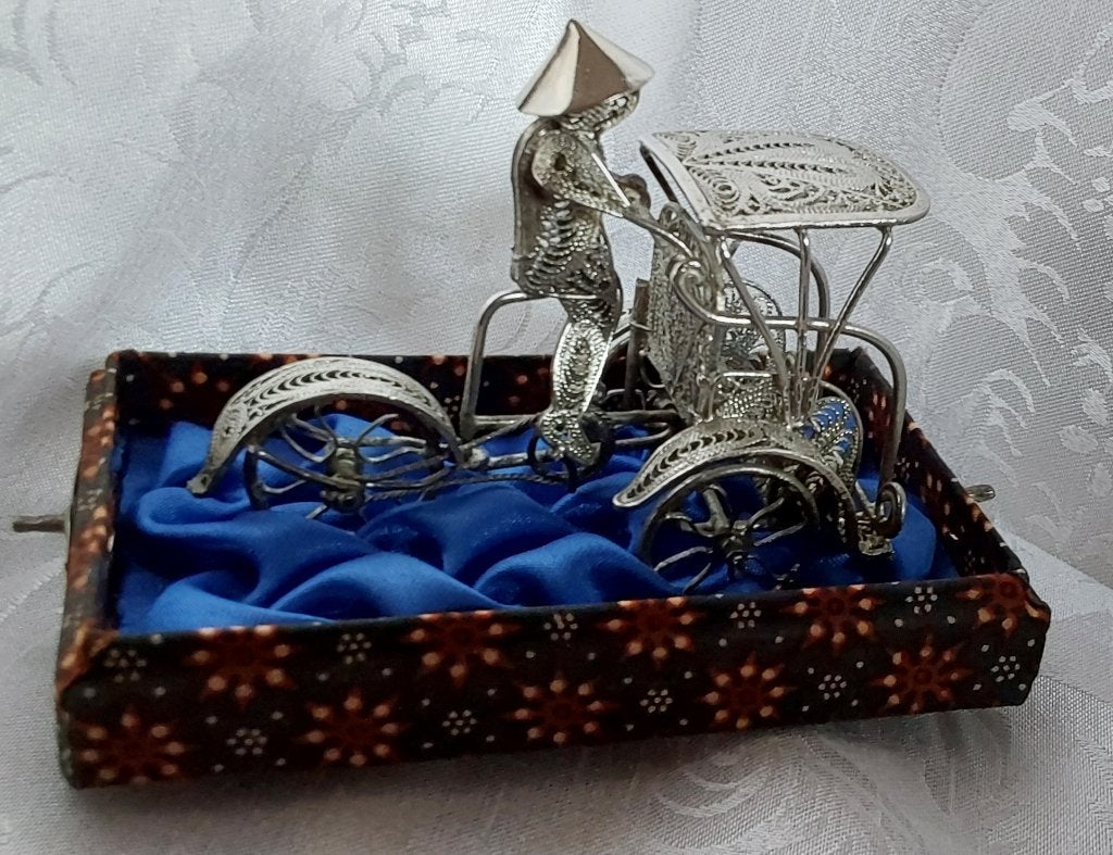 Filigraan zilveren miniatuur riksja becak, Ophalen, Zilver