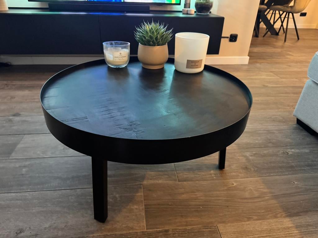 Salontafel mango hout. Zwart industrieel look. Np 395,-, Ophalen, 50 tot 100 cm, Rond, Zo goed als nieuw